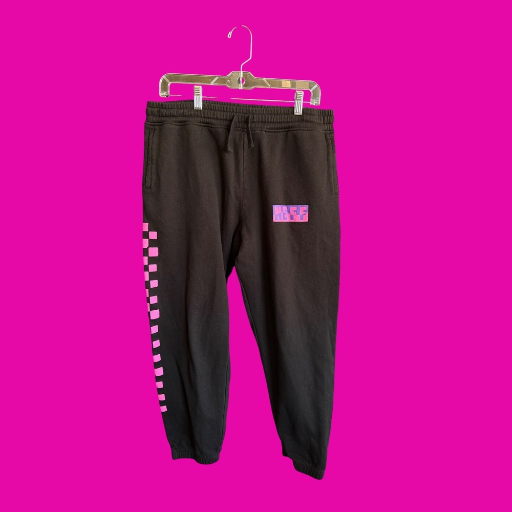 Neff Mens Medium Black Sweatpants Pink Purple Logo Checkerboard Skate Joggers